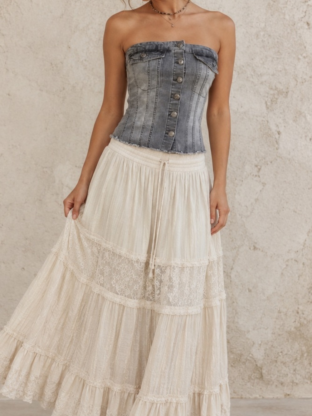 NWT Refuge Denim Gray Strapless Corset Top Button Front Smocked Back Y2K Size M